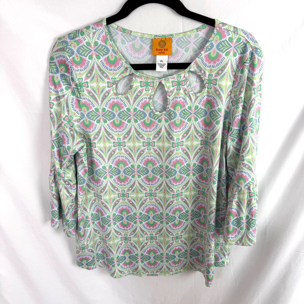 Ruby Rd. Women's Top Blouse Size Large Multicolor Pastel 3/4 Sleeves